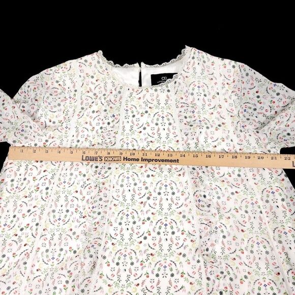 CYNTHIA ROWLEY Cottagecore Sheer Balloon Sleeve Crew Blouse White Floral Medium - Picture 5 of 8
